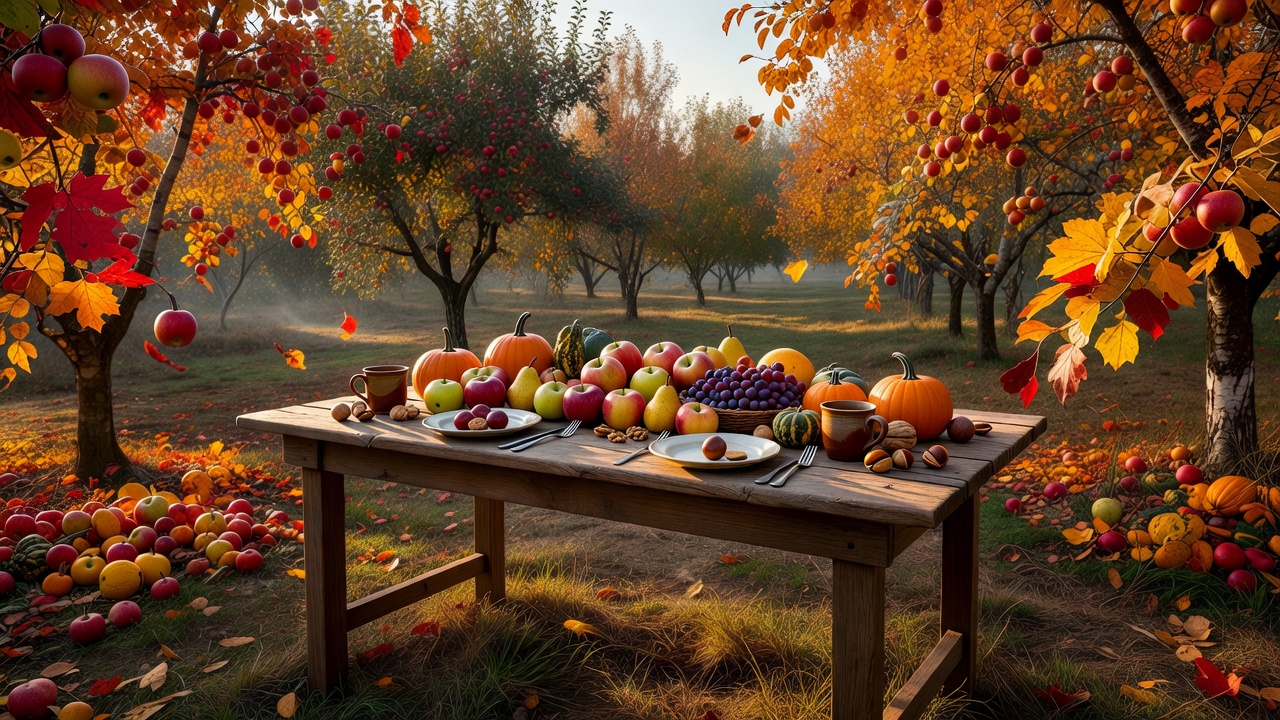 An outdoor table beside an orchard with autumn foliage and seasonal produce