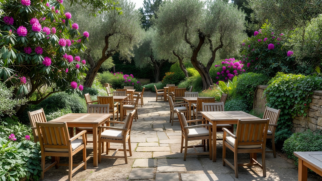 A garden terrace with dining furniture, mature planting and a clear paved route between tables