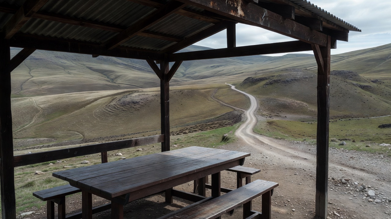 A sheltered dining area overlooking open hills with a visible approach route