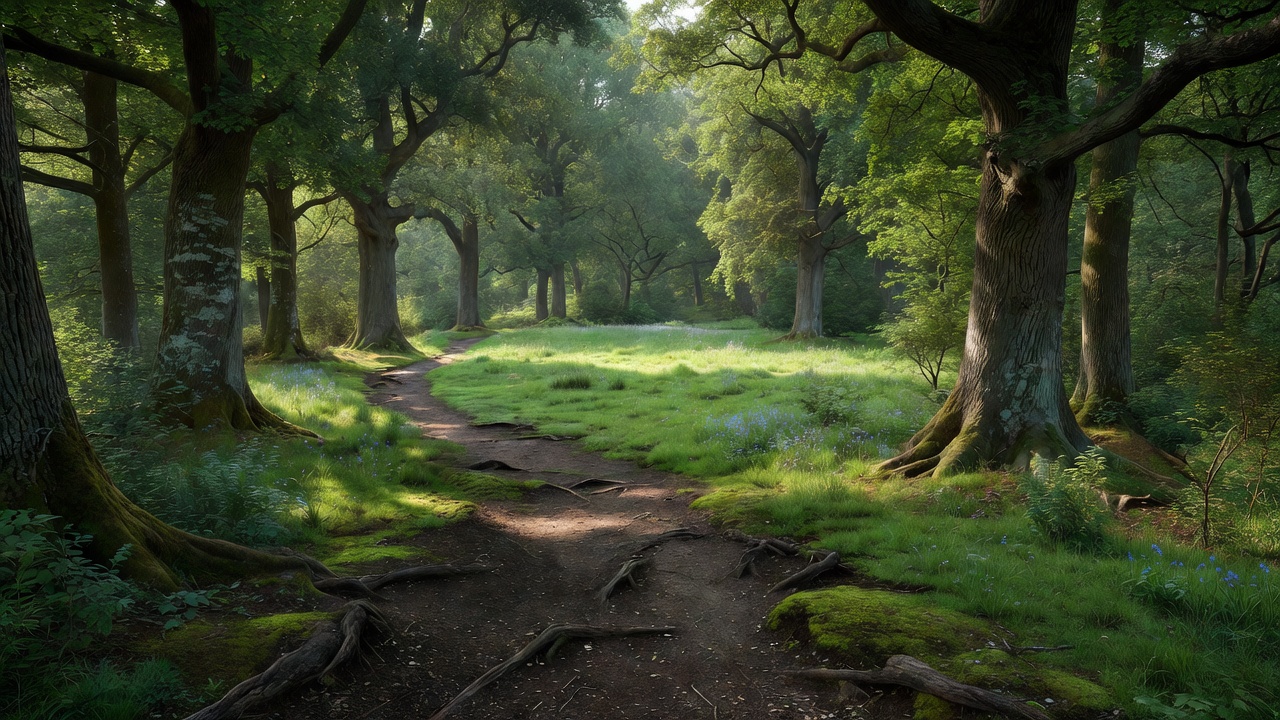 A quiet woodland clearing reached by a defined path beneath mature trees